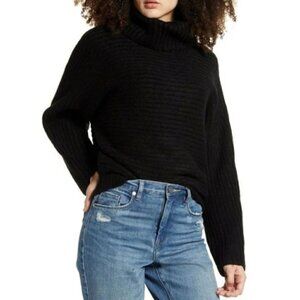 Leith Cozy Neck Dolman Sleeve Ribbed Pullover Sweater, Black